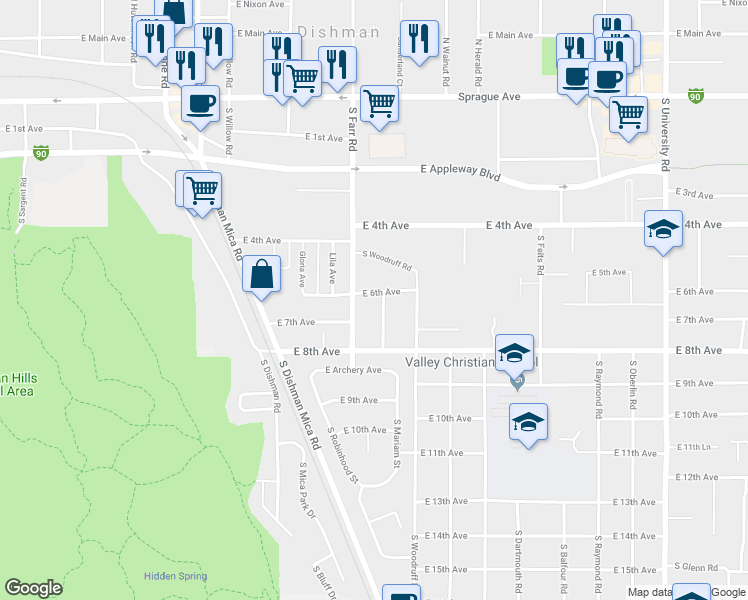 map of restaurants, bars, coffee shops, grocery stores, and more near 715 South Farr Road in Spokane Valley