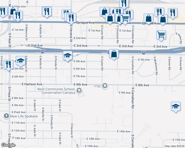 map of restaurants, bars, coffee shops, grocery stores, and more near 4514 East 7th Avenue in Spokane Valley