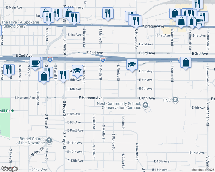 map of restaurants, bars, coffee shops, grocery stores, and more near 4024 East 6th Avenue in Spokane