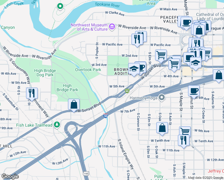 map of restaurants, bars, coffee shops, grocery stores, and more near 2200 West Sunset Boulevard in Spokane