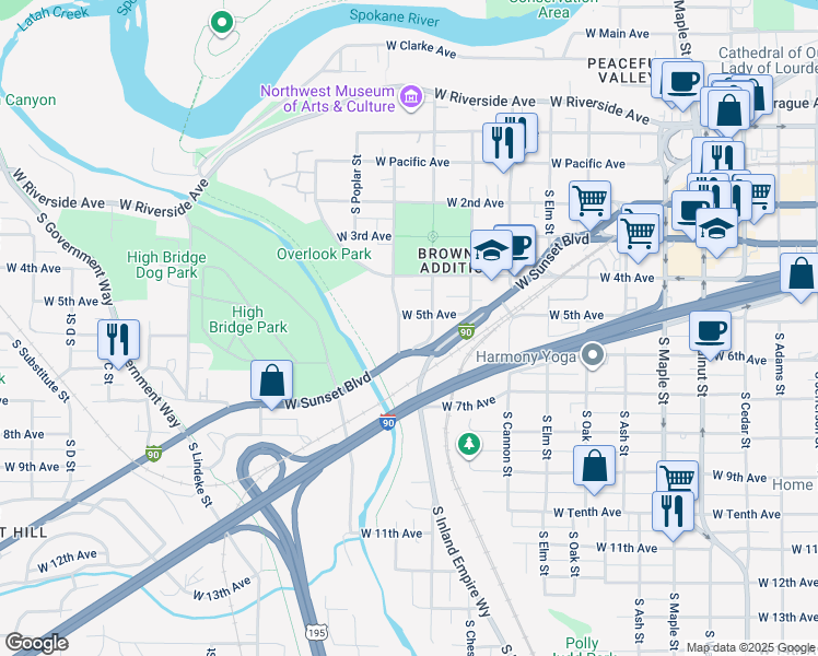 map of restaurants, bars, coffee shops, grocery stores, and more near 2200 West Sunset Boulevard in Spokane