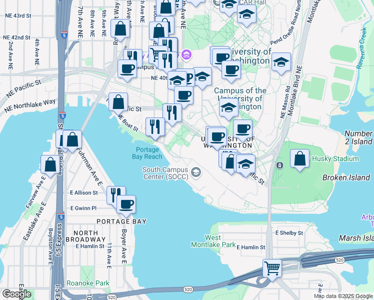 map of restaurants, bars, coffee shops, grocery stores, and more near in Seattle