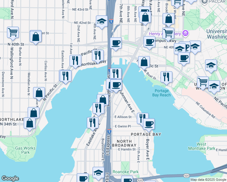 map of restaurants, bars, coffee shops, grocery stores, and more near 3218 Eastlake Avenue East in Seattle