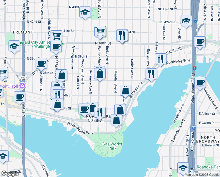 map of restaurants, bars, coffee shops, grocery stores, and more near 3539 Meridian Avenue North in Seattle