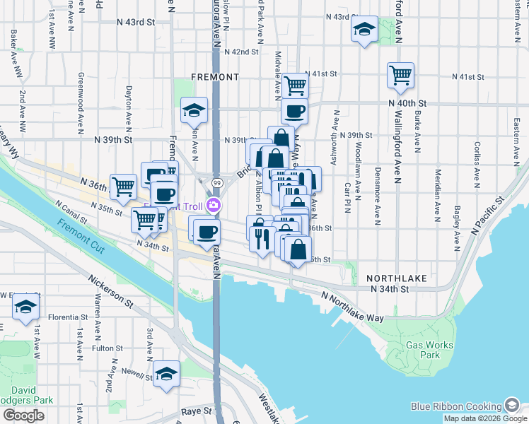 map of restaurants, bars, coffee shops, grocery stores, and more near 1052 North 36th Street in Seattle