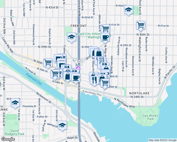 map of restaurants, bars, coffee shops, grocery stores, and more near 906 North 35th Street in Seattle