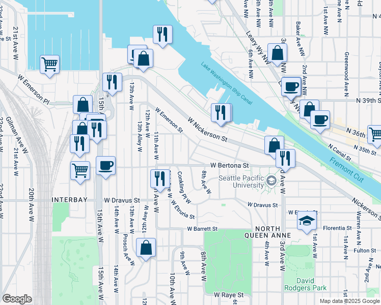 map of restaurants, bars, coffee shops, grocery stores, and more near 815 West Argand Street in Seattle