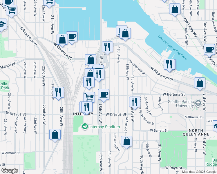 map of restaurants, bars, coffee shops, grocery stores, and more near 1362 West Bertona Street in Seattle