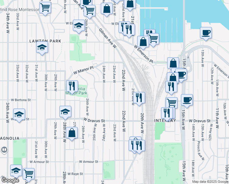 map of restaurants, bars, coffee shops, grocery stores, and more near 2306 West Bertona Street in Seattle