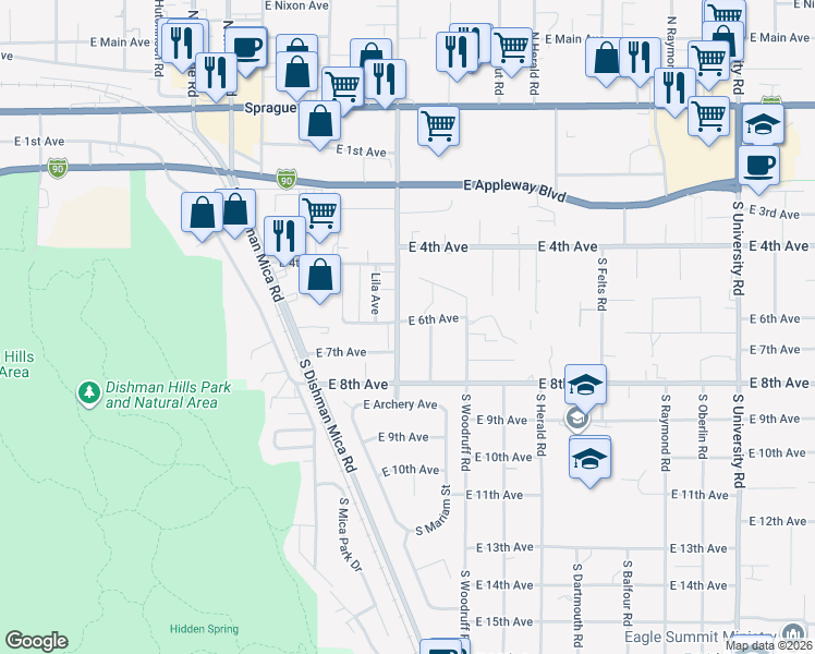 map of restaurants, bars, coffee shops, grocery stores, and more near 715 South Farr Road in Spokane Valley