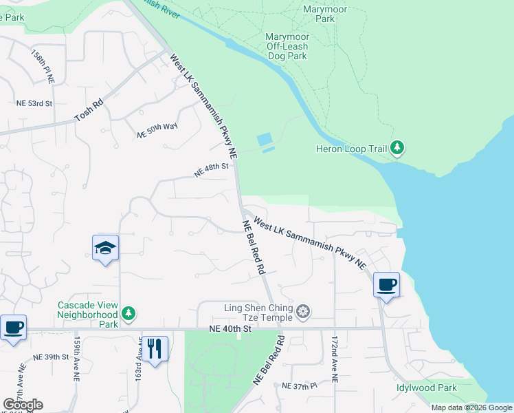 map of restaurants, bars, coffee shops, grocery stores, and more near 16660 Northeast 46th Street in Redmond