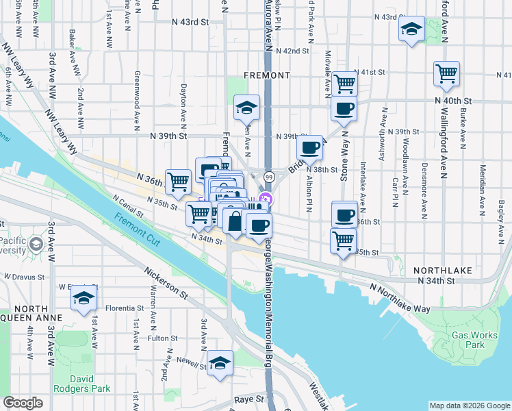 map of restaurants, bars, coffee shops, grocery stores, and more near 3505 Troll Avenue North in Seattle
