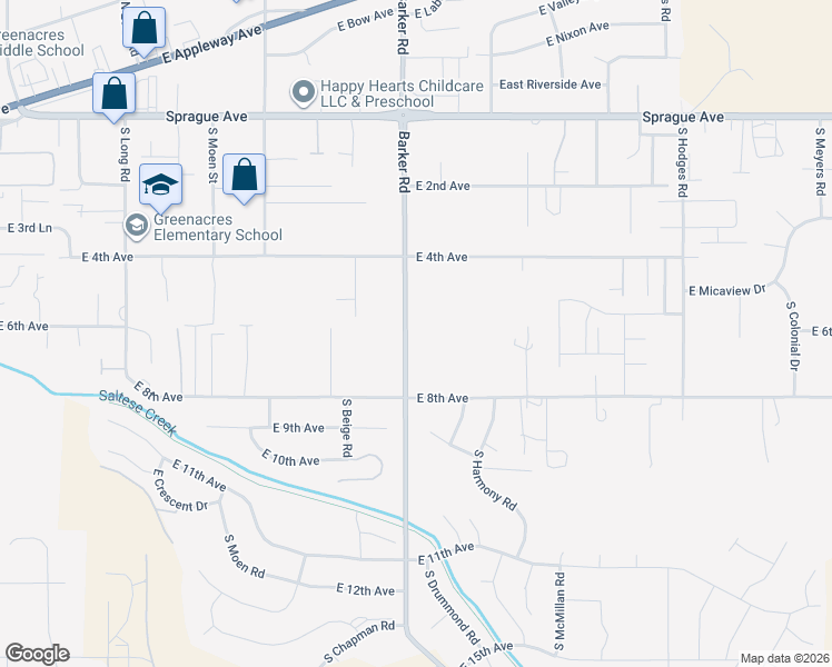 map of restaurants, bars, coffee shops, grocery stores, and more near 623 South Barker Road in Spokane Valley