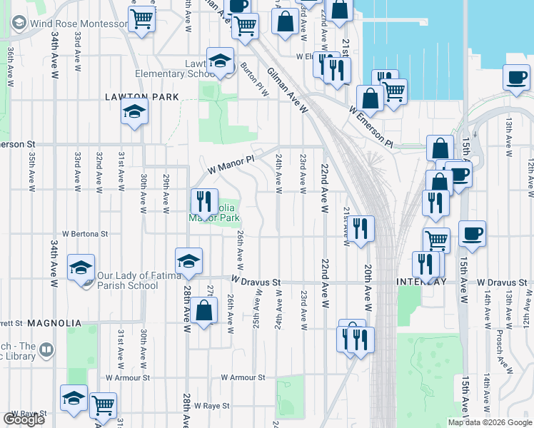 map of restaurants, bars, coffee shops, grocery stores, and more near 3428 25th Avenue West in Seattle