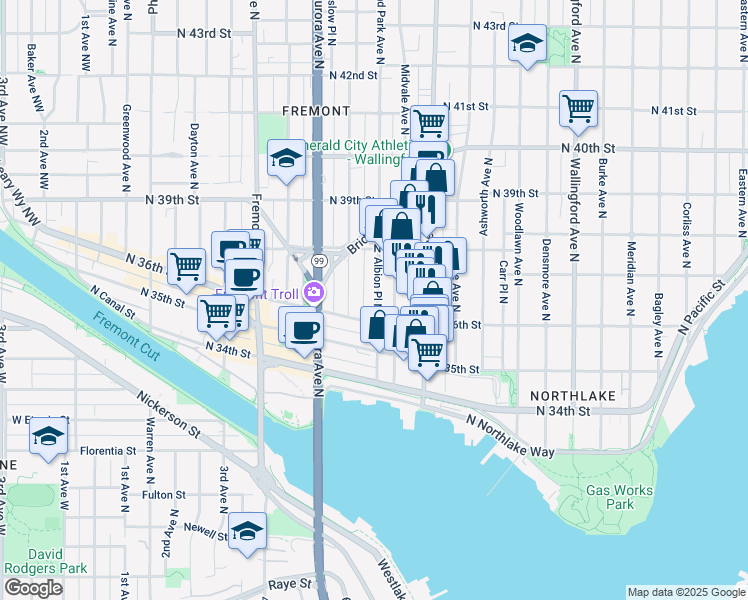 map of restaurants, bars, coffee shops, grocery stores, and more near 3648 Albion Place North in Seattle
