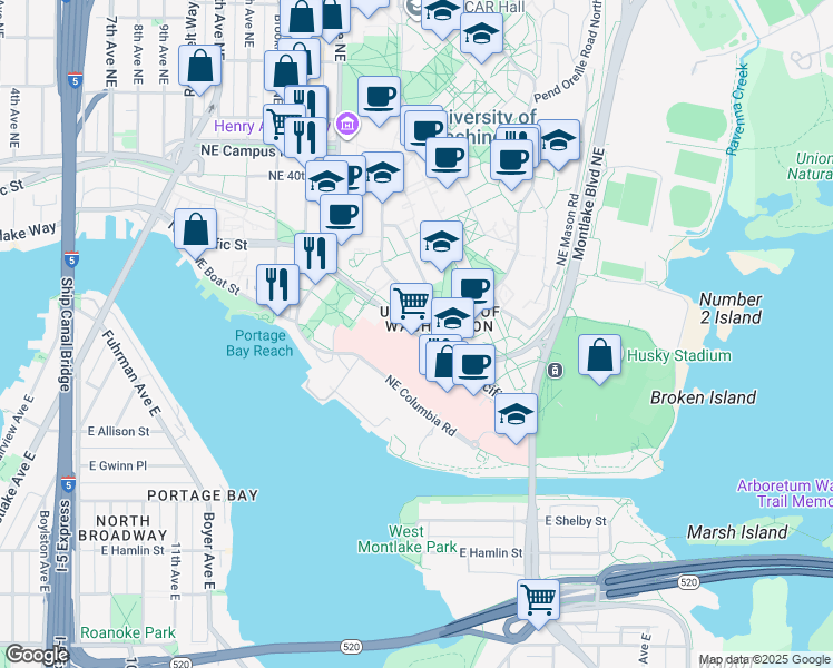 map of restaurants, bars, coffee shops, grocery stores, and more near 1705 Northeast Pacific Street in Seattle
