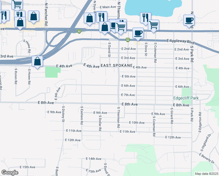 map of restaurants, bars, coffee shops, grocery stores, and more near 6601 East 6th Avenue in Spokane Valley