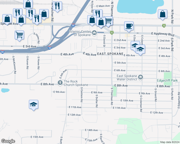 map of restaurants, bars, coffee shops, grocery stores, and more near 6326 East 6th Avenue in Spokane Valley