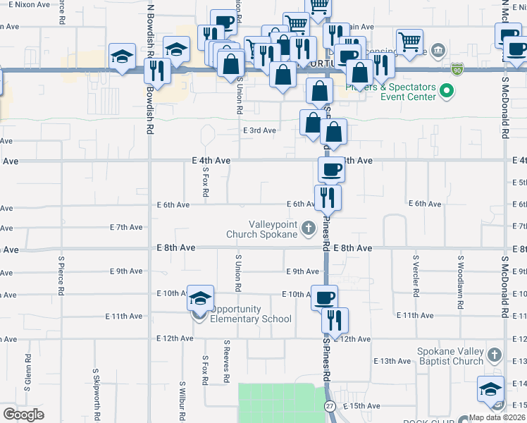 map of restaurants, bars, coffee shops, grocery stores, and more near 12015 East 6th Avenue in Spokane Valley