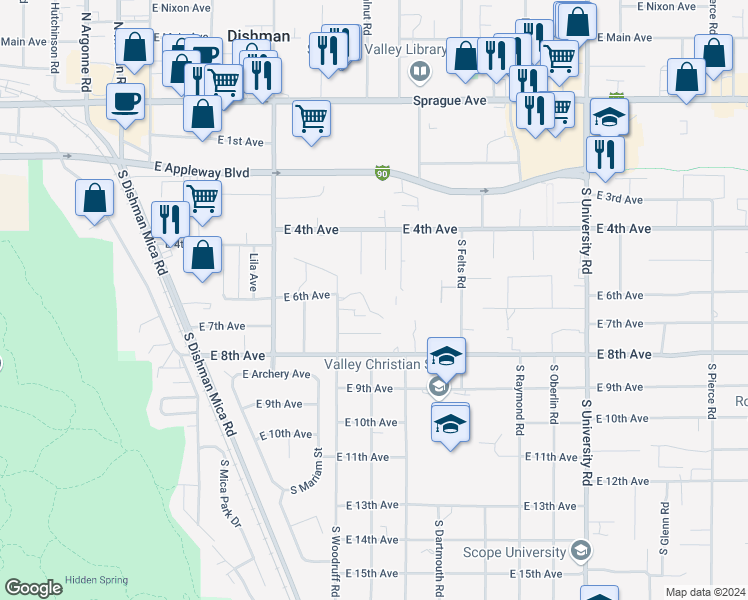 map of restaurants, bars, coffee shops, grocery stores, and more near 10014 East 4th Avenue in Spokane Valley