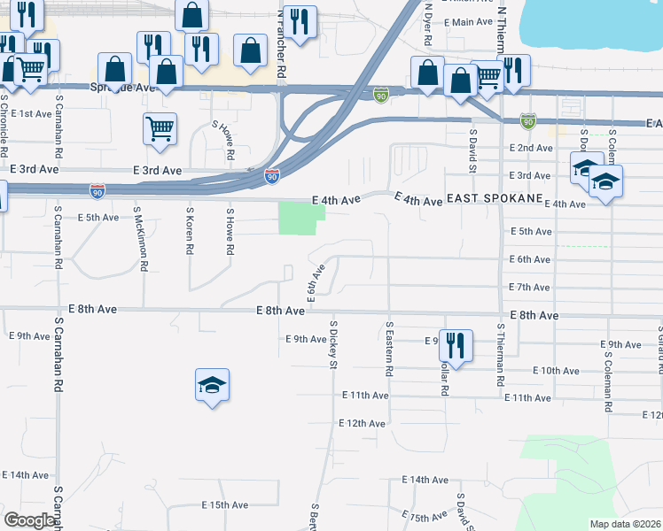 map of restaurants, bars, coffee shops, grocery stores, and more near 6111 East 6th Avenue in Spokane Valley