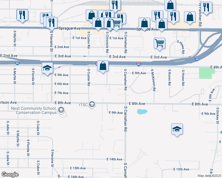map of restaurants, bars, coffee shops, grocery stores, and more near 4821 East 6th Avenue in Spokane Valley