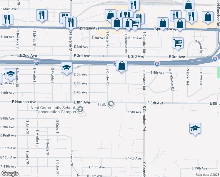 map of restaurants, bars, coffee shops, grocery stores, and more near 514 South Custer Road in Spokane Valley