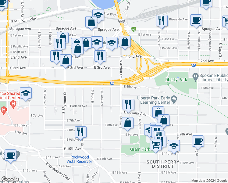 map of restaurants, bars, coffee shops, grocery stores, and more near 954 East 5th Avenue in Spokane
