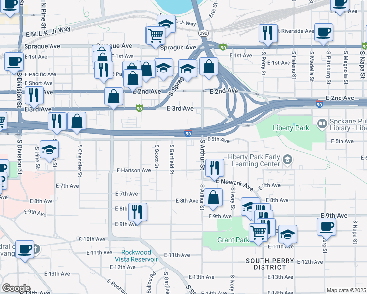 map of restaurants, bars, coffee shops, grocery stores, and more near 914 East 5th Avenue in Spokane