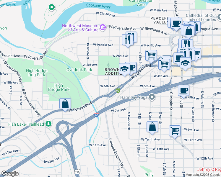 map of restaurants, bars, coffee shops, grocery stores, and more near 2124 West 5th Avenue in Spokane