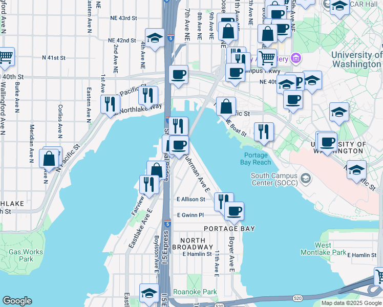 map of restaurants, bars, coffee shops, grocery stores, and more near 3258 Portage Bay Place East in Seattle