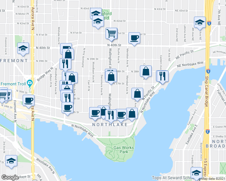 map of restaurants, bars, coffee shops, grocery stores, and more near 3701 Burke Avenue North in Seattle
