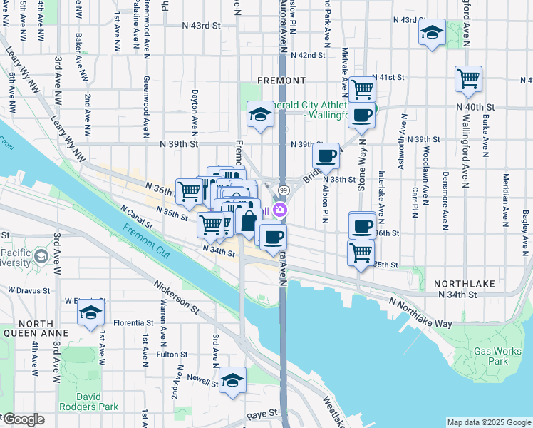 map of restaurants, bars, coffee shops, grocery stores, and more near 3627b Linden Avenue North in Seattle