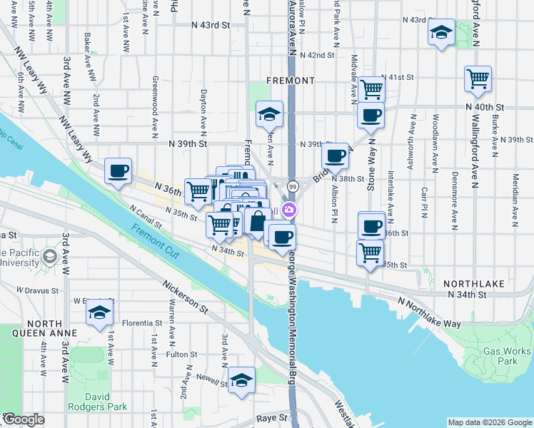 map of restaurants, bars, coffee shops, grocery stores, and more near 3627b Linden Avenue North in Seattle