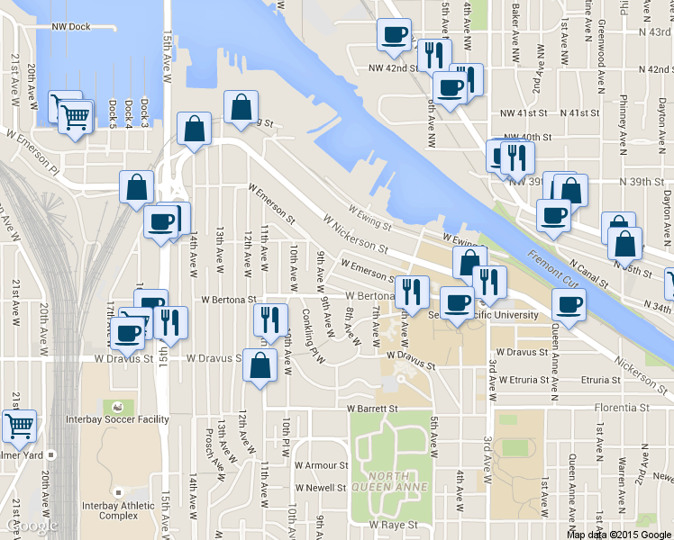 map of restaurants, bars, coffee shops, grocery stores, and more near 814 West Emerson Street in Seattle