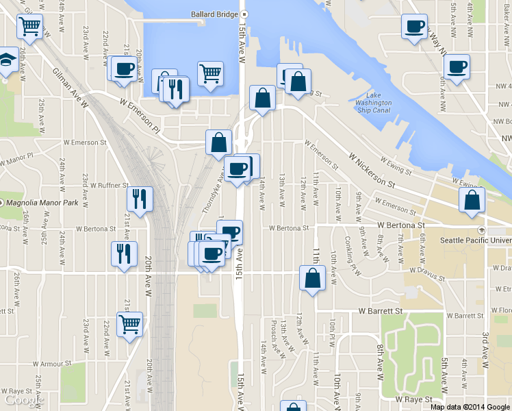 map of restaurants, bars, coffee shops, grocery stores, and more near 3435 15th Avenue West in Seattle