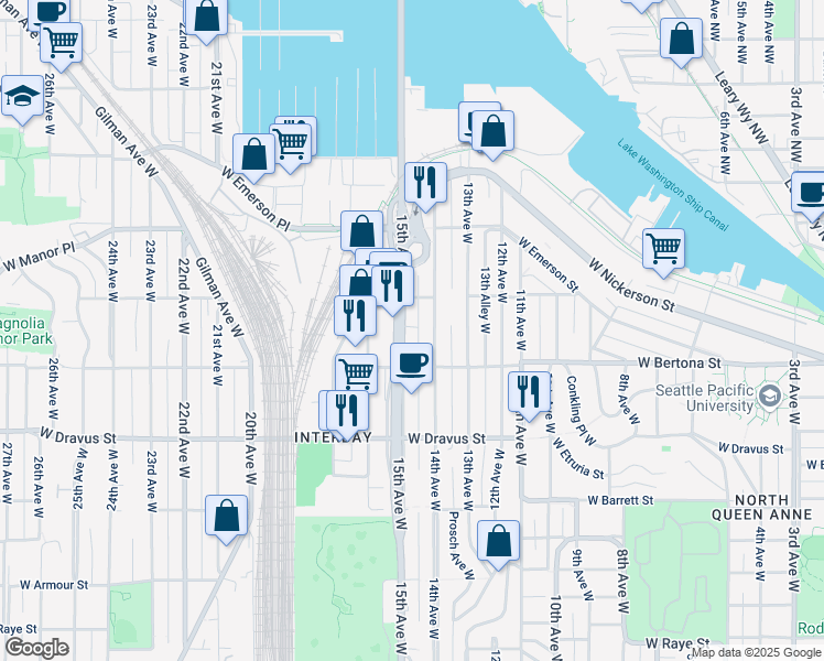 map of restaurants, bars, coffee shops, grocery stores, and more near 3435 15th Avenue West in Seattle