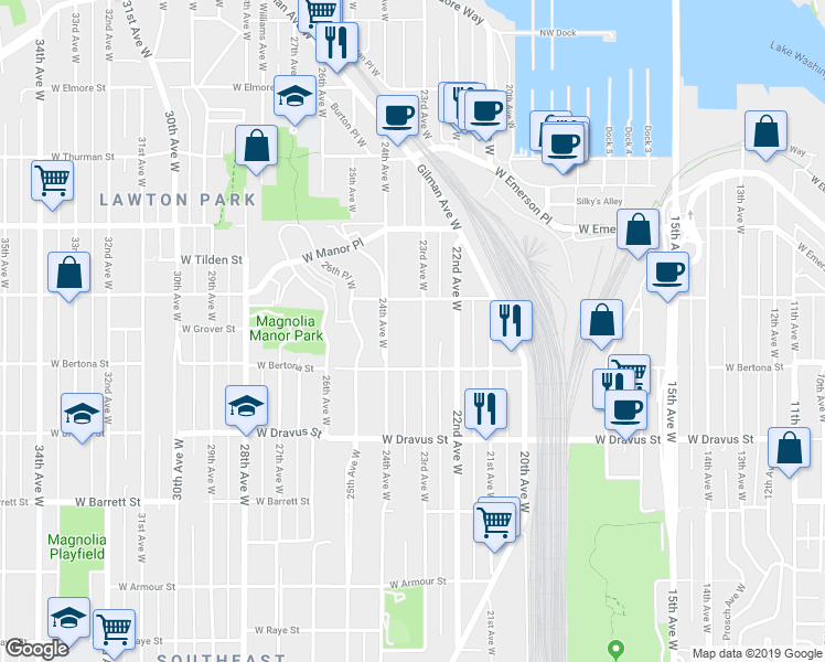 map of restaurants, bars, coffee shops, grocery stores, and more near 3455 23rd Avenue West in Seattle