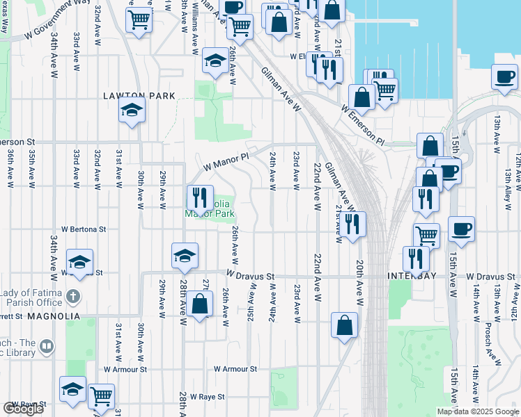 map of restaurants, bars, coffee shops, grocery stores, and more near 3451 24th Avenue West in Seattle