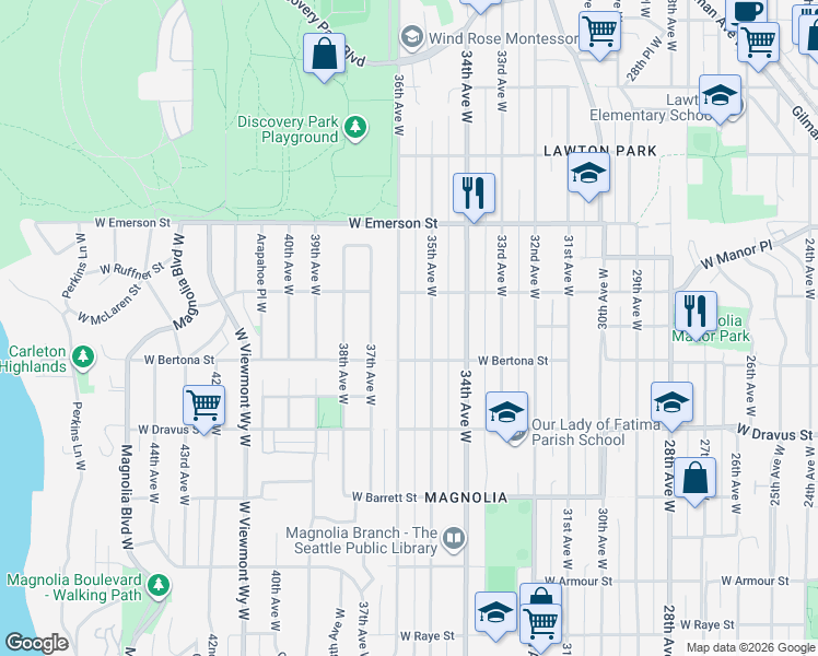 map of restaurants, bars, coffee shops, grocery stores, and more near 3454 36th Avenue West in Seattle