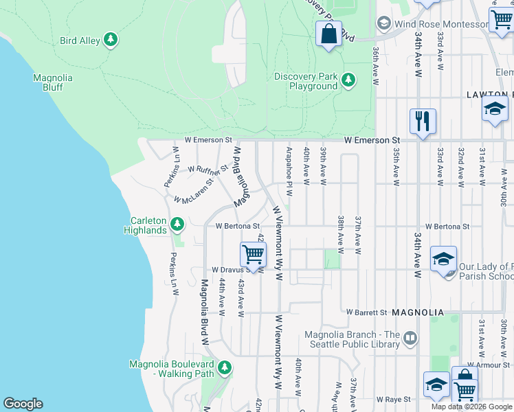 map of restaurants, bars, coffee shops, grocery stores, and more near in Seattle