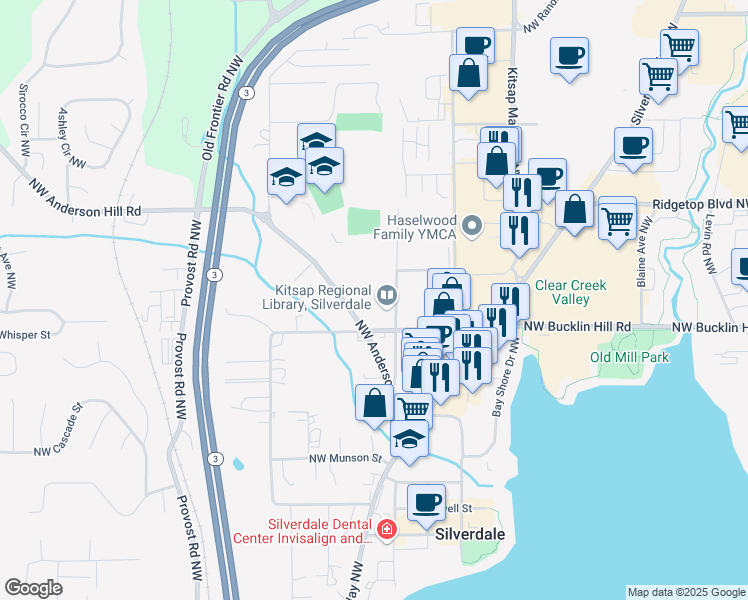 map of restaurants, bars, coffee shops, grocery stores, and more near 3700 Northwest Anderson Hill Road in Silverdale
