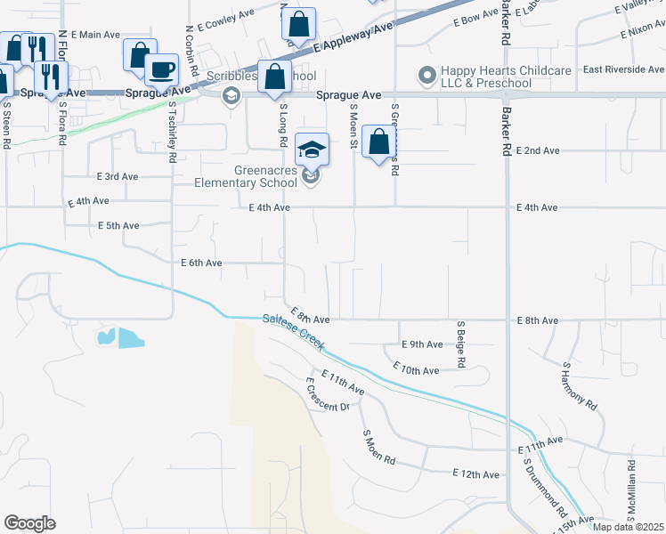 map of restaurants, bars, coffee shops, grocery stores, and more near 602 South Selkirk Street in Spokane Valley