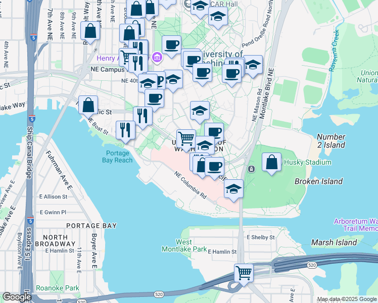 map of restaurants, bars, coffee shops, grocery stores, and more near 1705 Northeast Pacific Street in Seattle