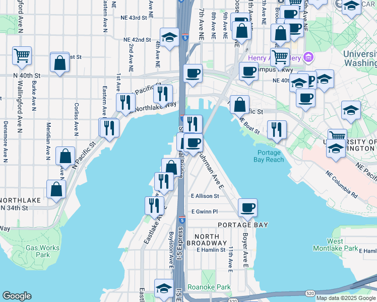 map of restaurants, bars, coffee shops, grocery stores, and more near in Seattle