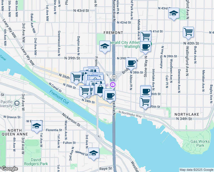 map of restaurants, bars, coffee shops, grocery stores, and more near 3627b Linden Avenue North in Seattle