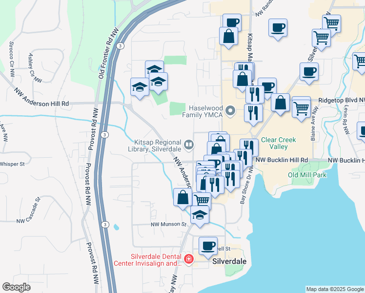 map of restaurants, bars, coffee shops, grocery stores, and more near 3700 Northwest Anderson Hill Road in Silverdale