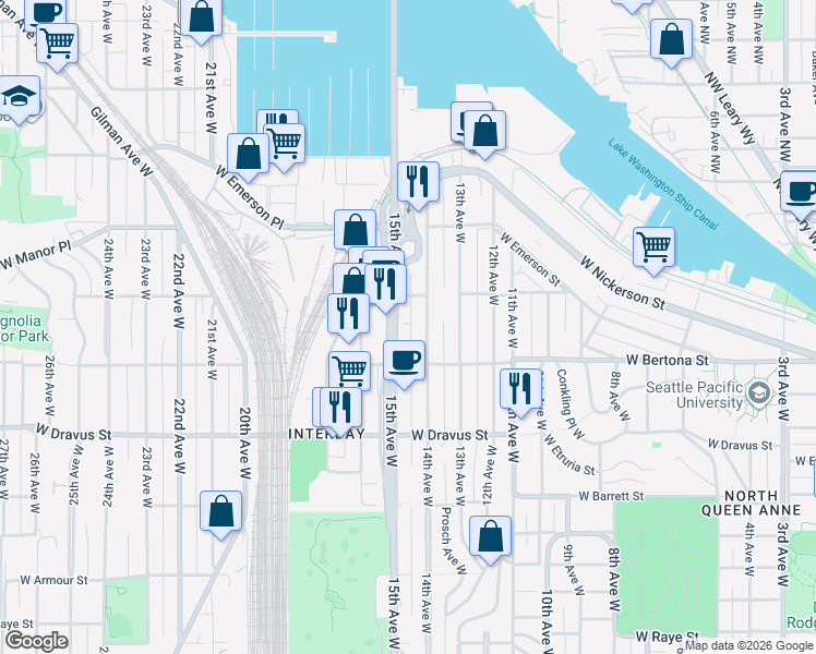 map of restaurants, bars, coffee shops, grocery stores, and more near 3435 15th Avenue West in Seattle
