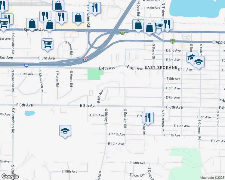 map of restaurants, bars, coffee shops, grocery stores, and more near 6111 East 6th Avenue in Spokane Valley