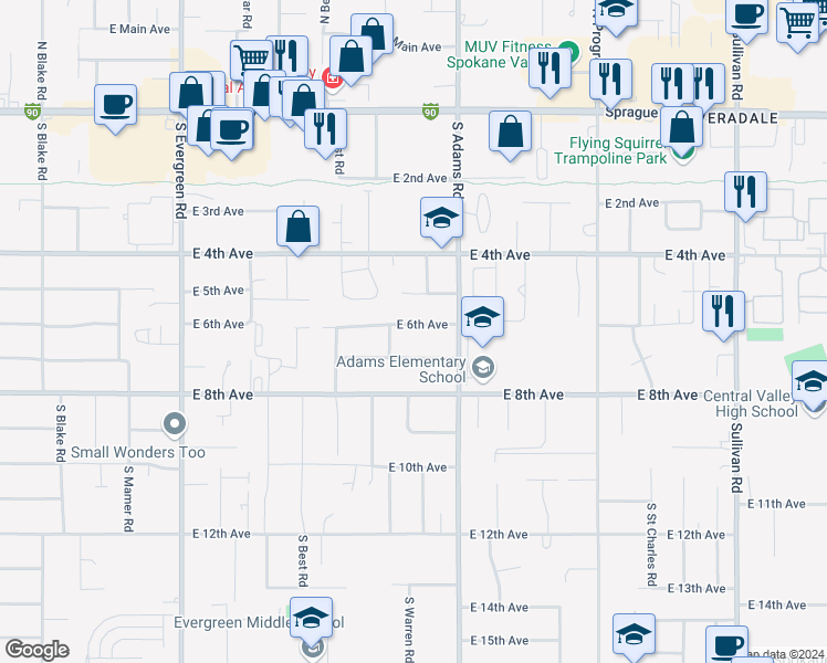 map of restaurants, bars, coffee shops, grocery stores, and more near 14520 East 6th Avenue in Spokane Valley